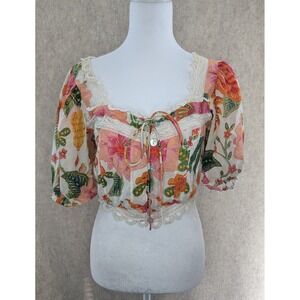 Farm Rio Floral Lace Trim Crop Top Puff Sleeve Button Front XS Multi Color